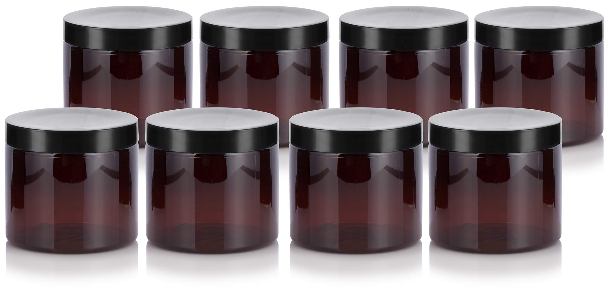 (8 Pack) 16 oz Amber Plastic Wide Mouth Jar with Black Lids