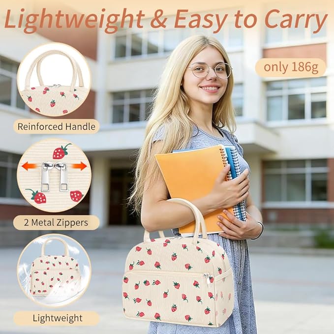 Coobiiya Corduroy Lunch Bag Lunch Box for Women Men, Cute Strawberry Lunch Tote Bags Insulated Reusable LunchBox Large Capacity Cooler Bag for Work Travel Picnic