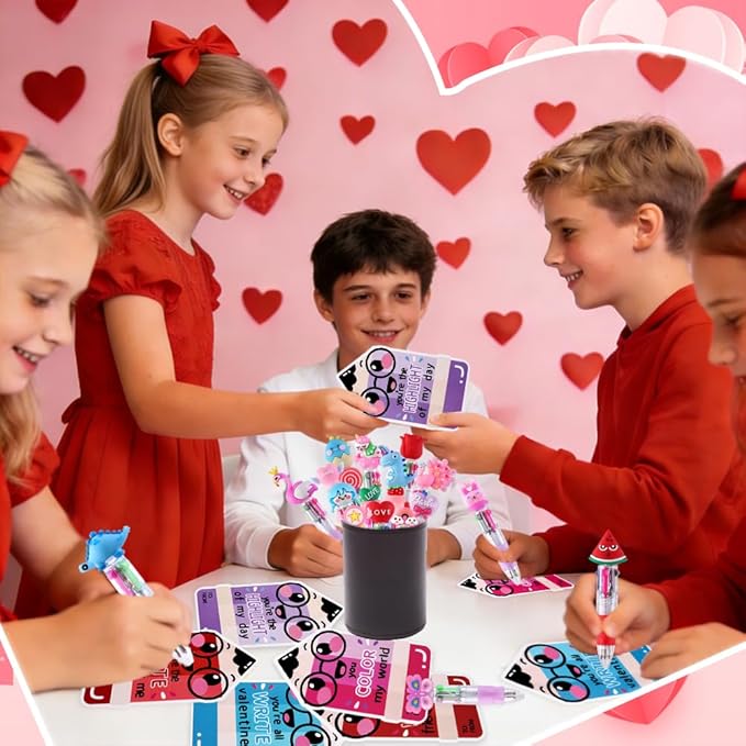 30 Pack Valentines Fun Pens with Cards 0.7mm Cute Animal Multicolor Ballpoint Pens Retractable 4 Colors in One Valentines Stationery Party Favors School Supplies Students Rewards