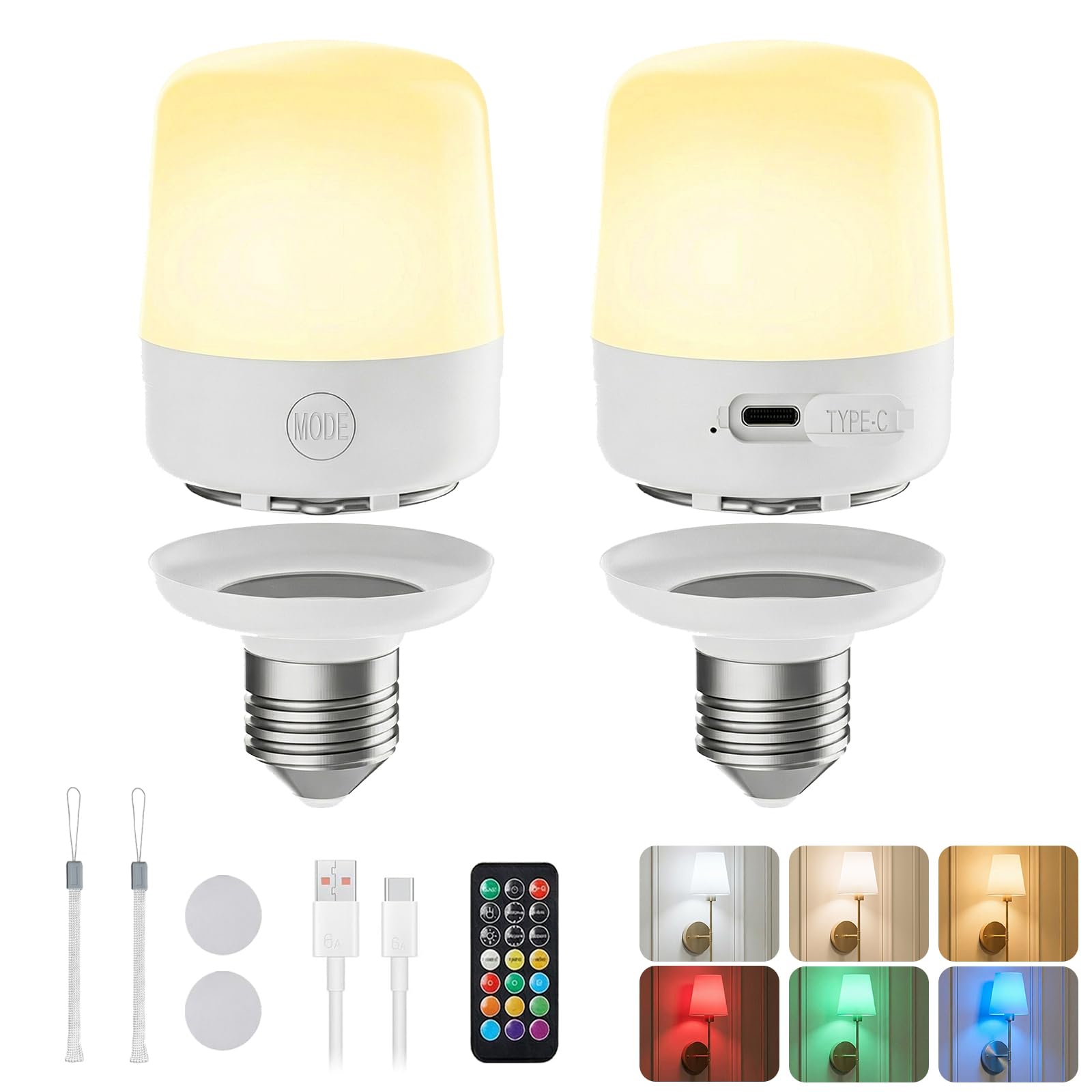 Minetom E26 Rechargeable Light Bulbs with Remote and Timer, Battery Backup Bulb with 12 Colors and Brightness Dimmable, 2300mAh 40W Equivalent LED Light Bulbs for Lamps Sconces Camping, 2 Pack