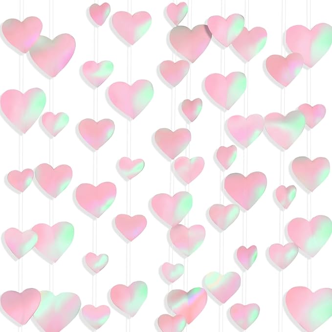 10 Pack 130ft Pink Holographic Heart Party Garland Asymmetrical Love Hanging Banners for Mothers Day Baby Shower Engagement Wedding Bridal Shower Decoration