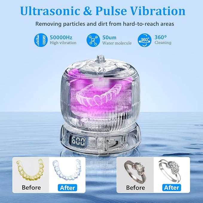 50kHz Ultrasonic Retainer Cleaner Machine for Travel & Home, Portable Denture Cleaner with Removable Base, 4 Modes Timer, Dental Cleaning Pod for Aligners, Braces, Mouth Guard, Jewelry, Toothbrush