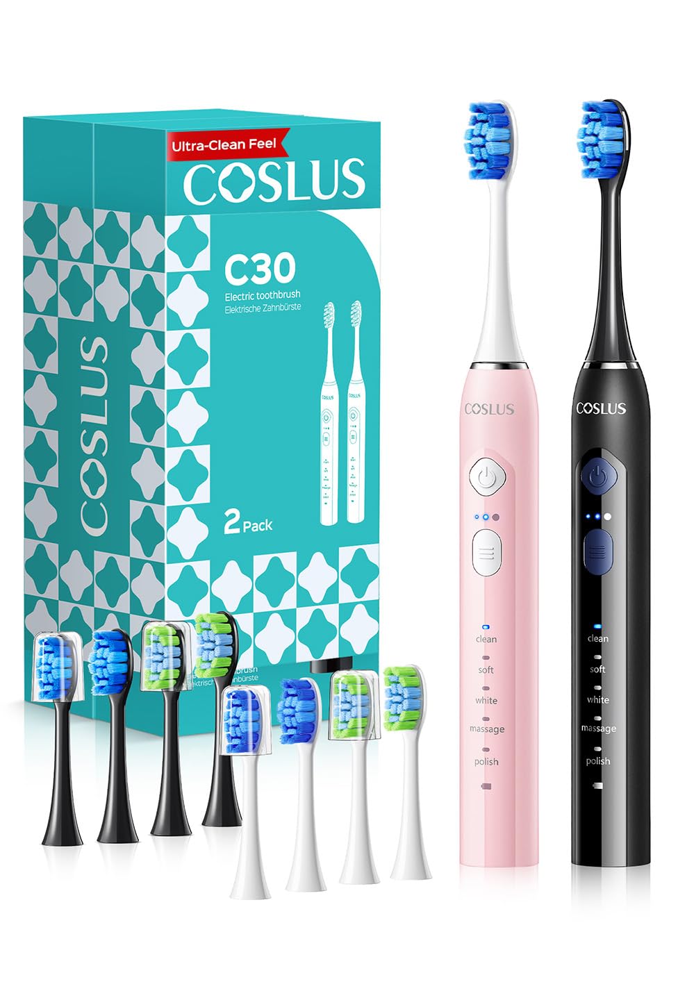 COSLUS C30 Electric Toothbrush for Adults: 3 Intensities & 5 Modes for Effective Yet Gentle Ultra-Clean Feel, 2 Types of Heads for Gentle & Daily Care, Travel Home Use, Black & Pink, 2PCS
