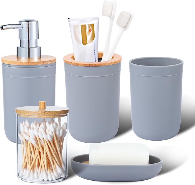 iMucci Bathroom Accessories Set 5Piece Grey Bathroom Sets, Toothbrush Holder, Toothbrush Cup, Lotion Soap Dispenser, Soap Dish and Qtip Holder Bathroom Decor