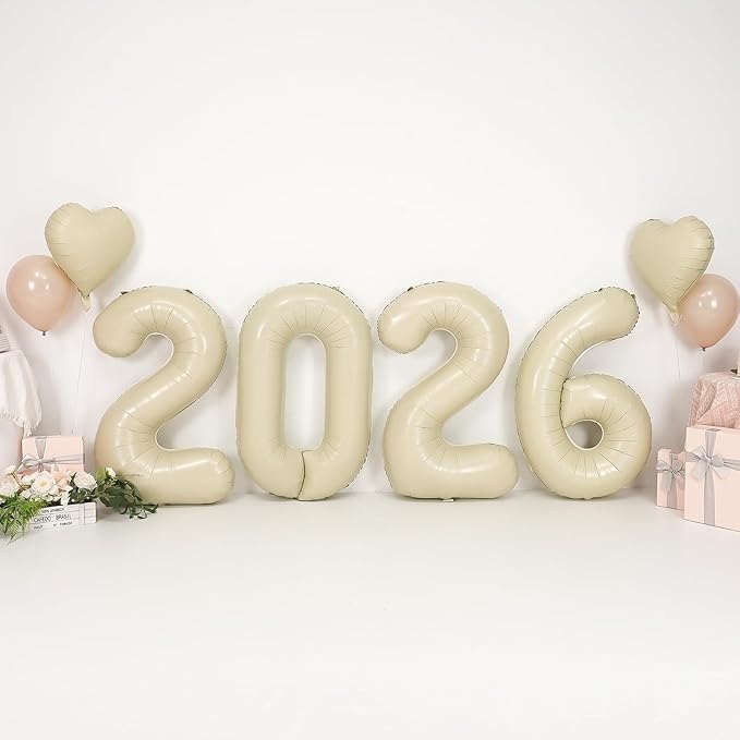 2026 Balloons Beige,40Inch Cream Huge Foil Number 2026 Balloons Nude for Happy New Year Eve Graduation Decorations