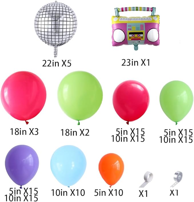 Back to 80s 90s Party Decorations, Rainbow Neon Disco Balloon Garland Arch Kit, Retro Disco Radio Foil Balloon for Retro Birthday Party Decorations Hip Hop Rock Photo Props Backdrop