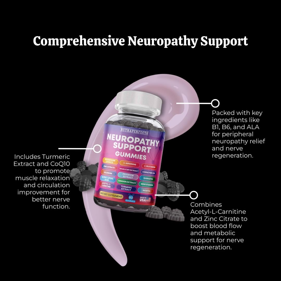 Sugar Free Neuropathy Support Gummies for Nerve – Enhanced Nerve Health, Regeneration, Cognitive Support with Vitamin B1, B6, B12, Magnesium, ALA, Turmeric, CoQ10 & More