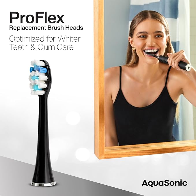 AquaSonic Genuine Proflex Replacement Brush Heads | ADA Accepted | for Whiter Teeth & Gum Care | Compatible with Many AquaSonic Toothbrush Handles (3 Pack Black)
