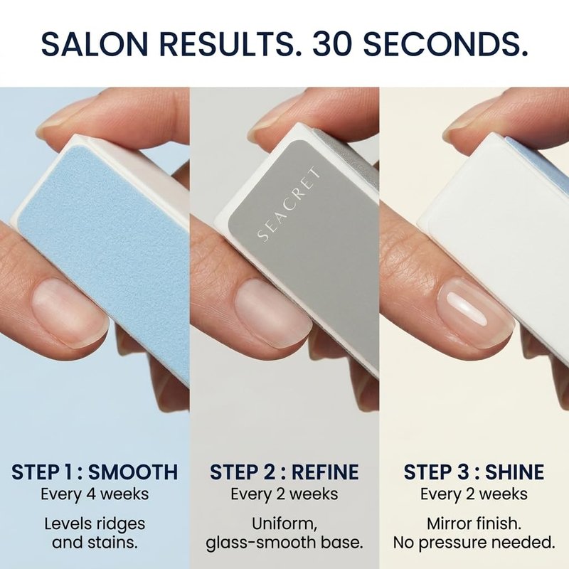 SEACRET Nail Buffer Block - 3-Way Salon Shine for Natural Nails, Smooths Ridges & Buffs to Glossy Finish Without Polish - Korean Made - Manicure & Pedicure, Pack of 2
