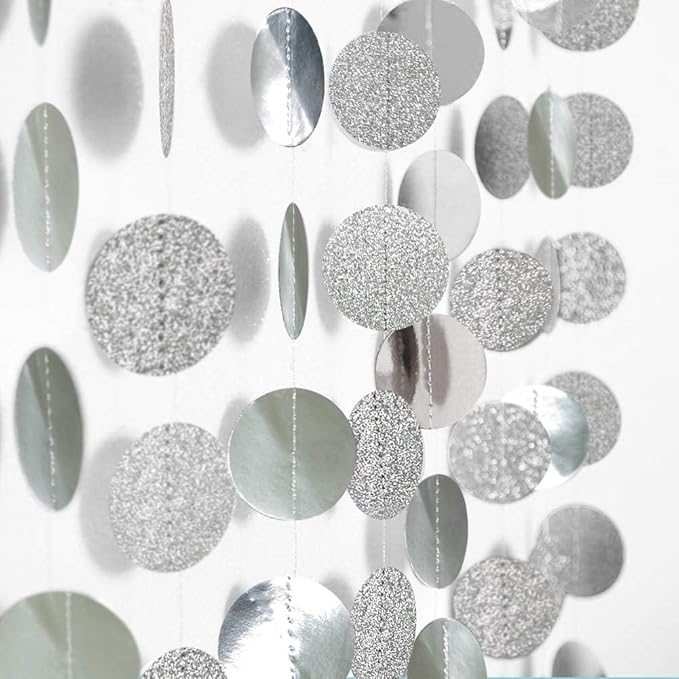 Cheerland Silver Party Decorations Circle Garlands Silver Birthday Decorations Banner Hanging Streamer Backdrop Decor Bday Bridal Bachelorette EID Graduation Christmas NYE New Year Eve Party Supplies