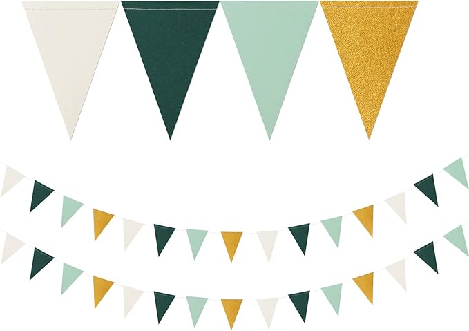 Sage Green Ivory Gold Pennant Banner,2 Pack Paper Triangle Flags,Baby Bridal Shower Safari Jungle Birthday Tropical Party Decorations Wedding Bachelorette Engagement Bunting Lasting Surprise