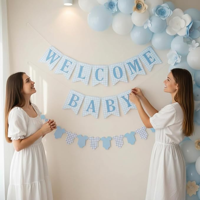 Baby Boy Baby Shower Banner, 2 PCS Pre-strung Blue Gingham Welcome Baby and Body Cloth Banner for Baby Boy Shower Party Decoration (welcome baby-bodysuits)