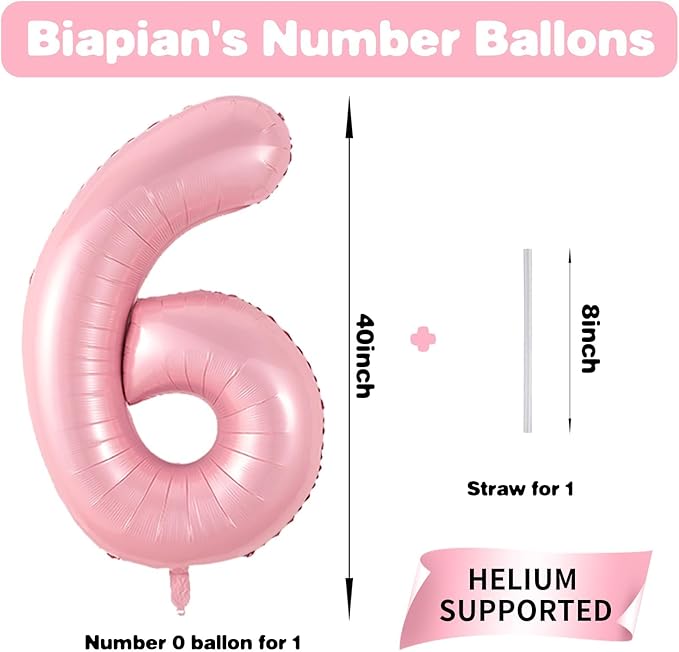 Pastel Pink Number 6 Balloon, 40 Inch Pearl Light Pink Number 6 Balloons for Girls, Foil Digital 6 Balloon Helium, Large Pink 6th Birthday Balloons for Girls Baby Shower Princess Party Decorations