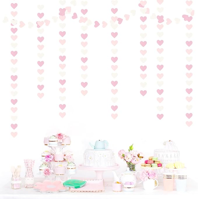Pink-White Girls Birthday Party-Decorations Heart-Garland - 52Ft Valentines Day Proposal Galentines Wedding Paper Streamers Banner,Baby Bridal Shower Engagement Bachelorette Decor Lasting Surprise