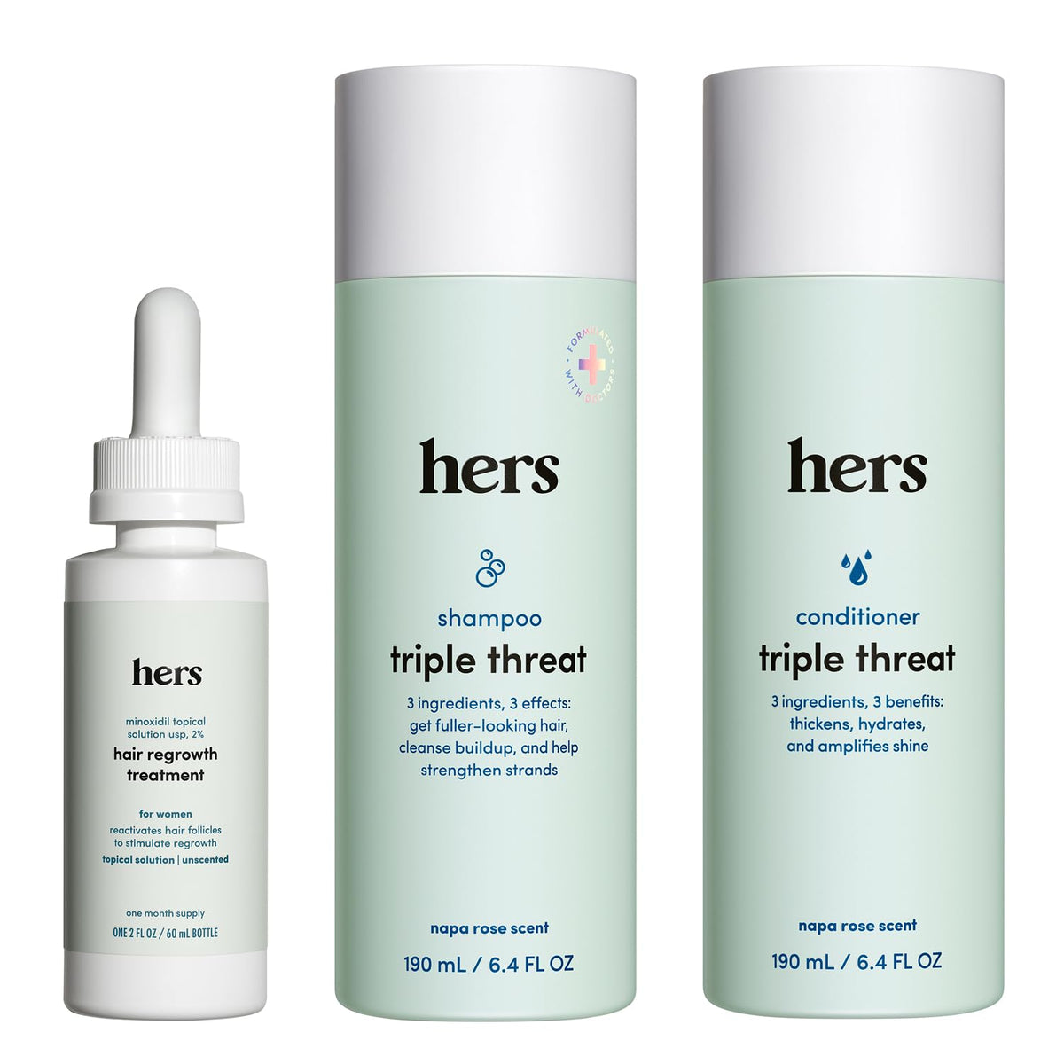 HIMS and HERS Triple Threat Shampoo - Conditioner and 2% Minoxidil Set - Biotin - Saw Palmetto and Pumpkin Seed Oil - Regrowth for Women - Color-Safe - Paraben-Free - Napa Rose - 3 Count - 6.4 Fl Oz