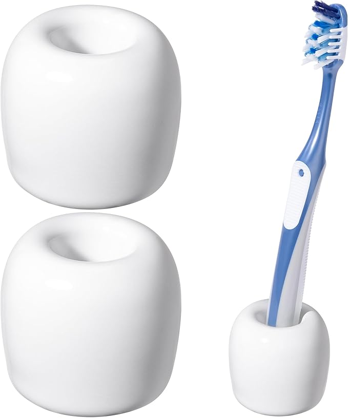 Urbanstrive Ceramic Toothbrush Holders for Bathrooms, Sleek Tooth Brush Holder Toothbrush Stand Tooth Brushing Holder, Portable Bathroom Accessories Organizer, White, 2 Pack
