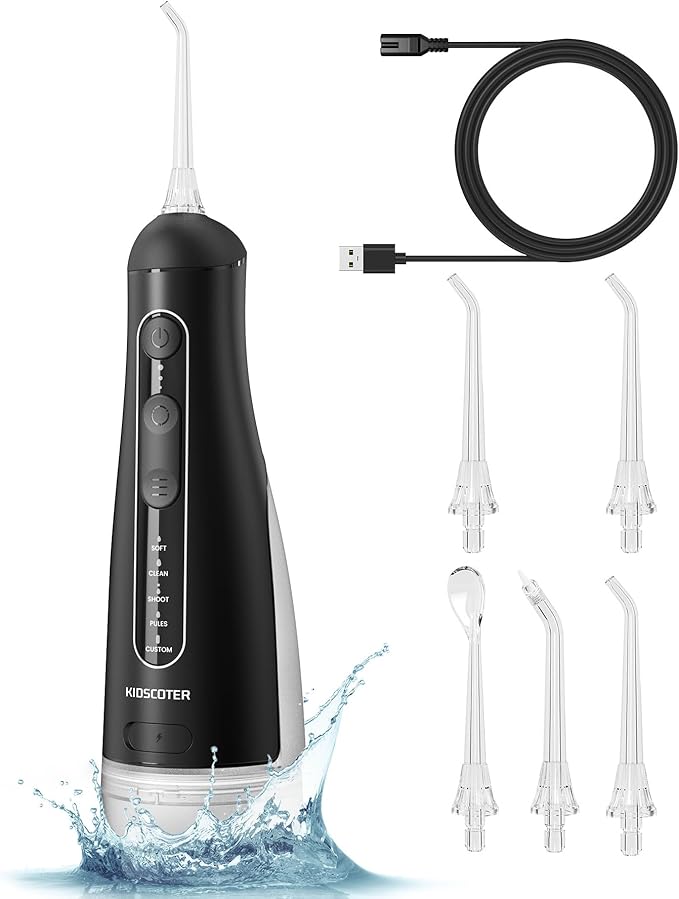 Water Flosser for Teeth with Detachable Washable Tank, 5 Modes Rechargeable Cordless Oral Irrigator, 300ml Portable Dental Flosser, IPX7 Waterproof for Home & Travel, Black