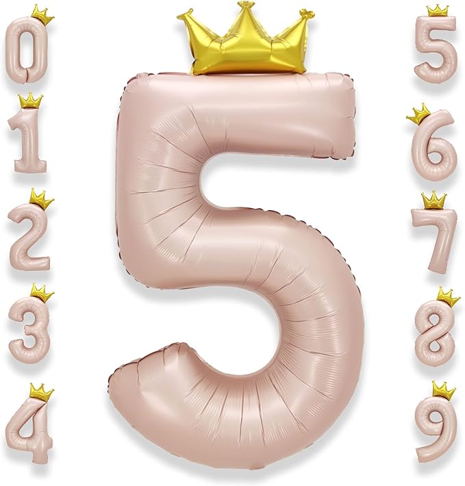 AULE 40 Inch Big Pink 5 Balloon Number with Crown Large Foil Helium Number Balloons 0-9 Jumbo Giant Happy 5th Birthday Party Decorations Huge Mylar Anniversary Party Supplies