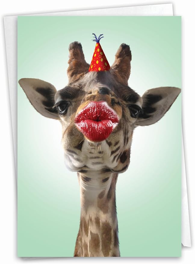 The Best Card Company - 1 Happy Birthday Greeting Card - Adorable Animals, Cute Bday Notecard with Envelope - Wild Kisses Giraffe C9280ABDG