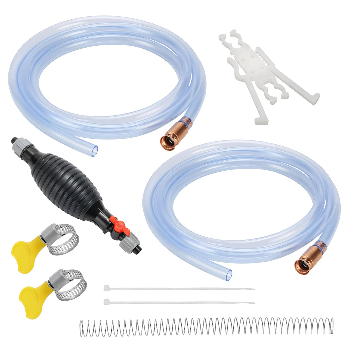 Solimeta Fuel Transfer Pump Kit - 10FT DIY Trimmable PVC Siphon Hose with Red Copper Fittings, Manual Pump with Stop Valve, 304