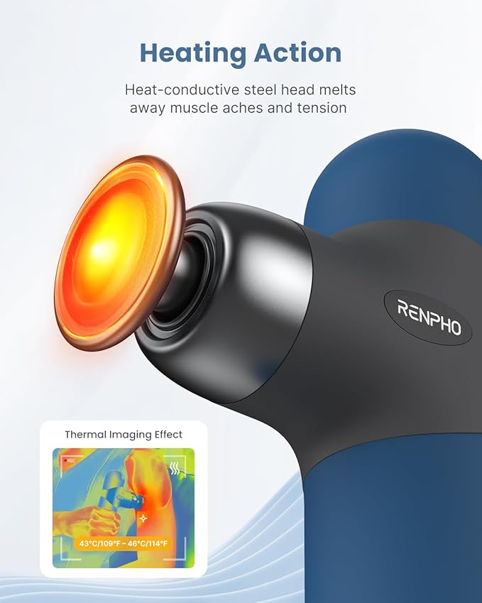 RENPHO Mini Thermal Massage Gun with Heat, Valentines Birthday Gifts for Women Men, Portable Deep Tissue Percussion Massager, Color Silicone Sleeves Travel Size with Carry Case, Aegean Blue