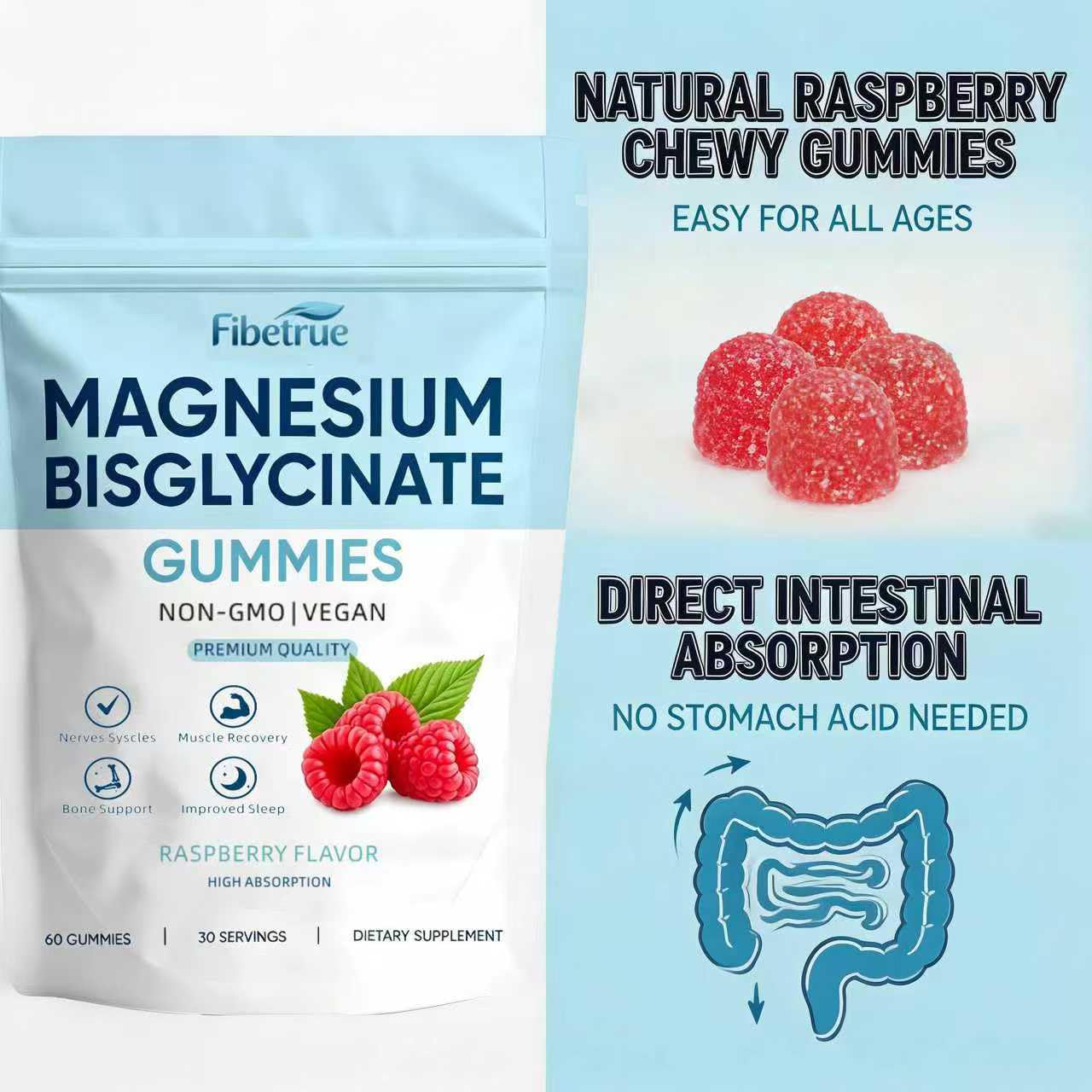 Magnesium Glycinate Gummies 400mg – High Absorption Chelated Magnesium for Sleep, Muscle & Nerve Support – Vegan Raspberry Flavor, 60 Gummies
