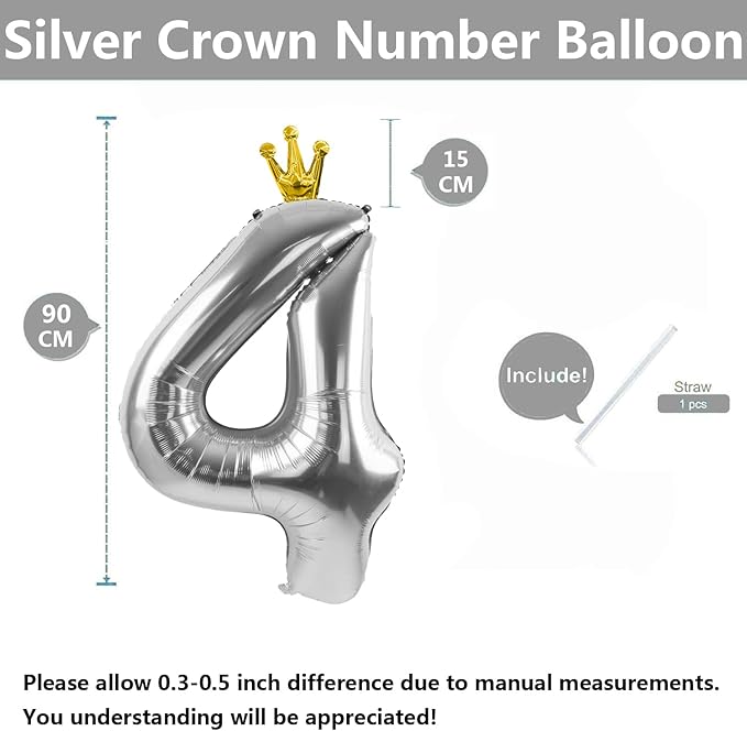 Silver Number 4 Balloon with Crown, 40 inch Silver Number Balloon 4th Birthday Party Decoration Silver Crown Balloons 0-9 for Birthday Party Anniversary Decorations Supplies