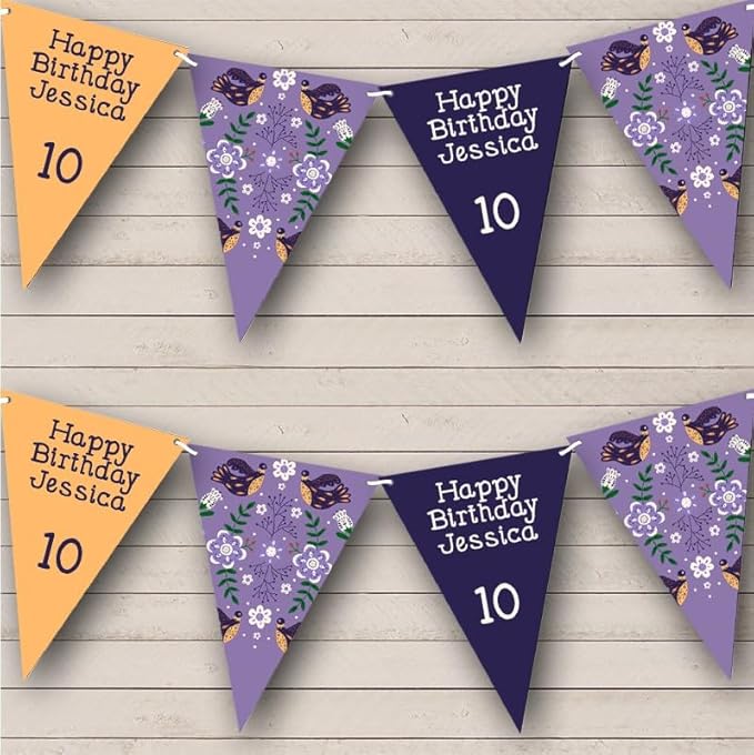 Decorative Nordic Scandinavian Birds Flowers Personalized Birthday Party Bunting - Hanging Party Decoration - Birthday Party Banner Garland | Decorative Party Supplies