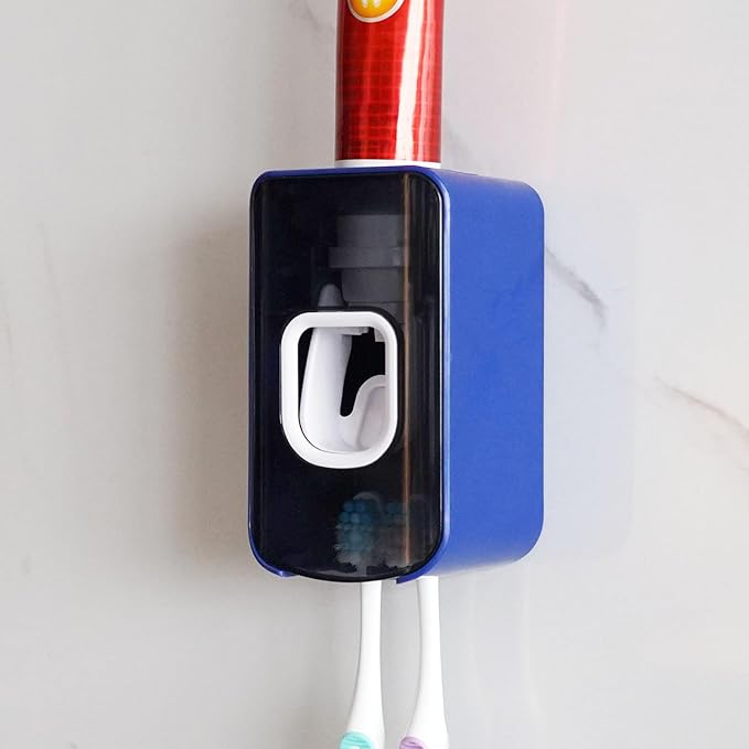 2 Slot Toothbrush Holder and Toothpaste Dispenser Wall Mounted, Automatic Toothpaste Squeezer, 2 in 1 Tooth Brush Toothpaste Organizer for Shower (Dark Blue 2Pack)