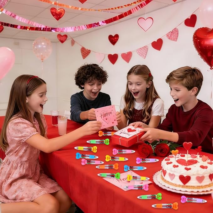 24pcs Valentine's Day Hearts Pens Cute Cartoon Multicolor Pen Fun 4-in-1 Pens Bulk Be Mine Love XOXO Valentines Stationery Party Favors School Supplies Students Rewards