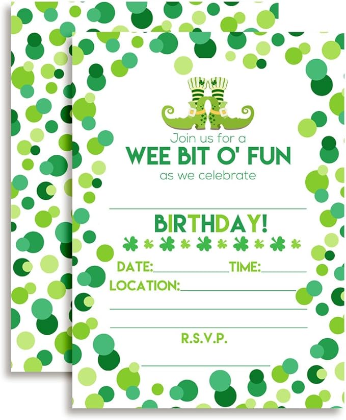 Amanda Creation Wee Bit O' Fun St. Patrick's Day Themed Birthday Party Fill In Invitations set of 20 with envelopes