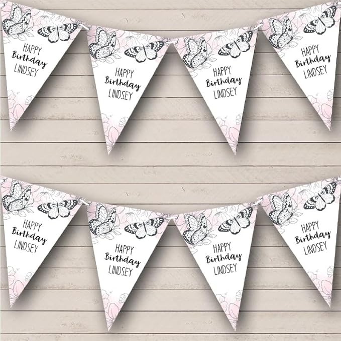 Happy Pink Watercolour Doodle Butterflies Personalized Birthday Party Bunting - Hanging Party Decoration - Birthday Party Banner Garland | Decorative Party Supplies