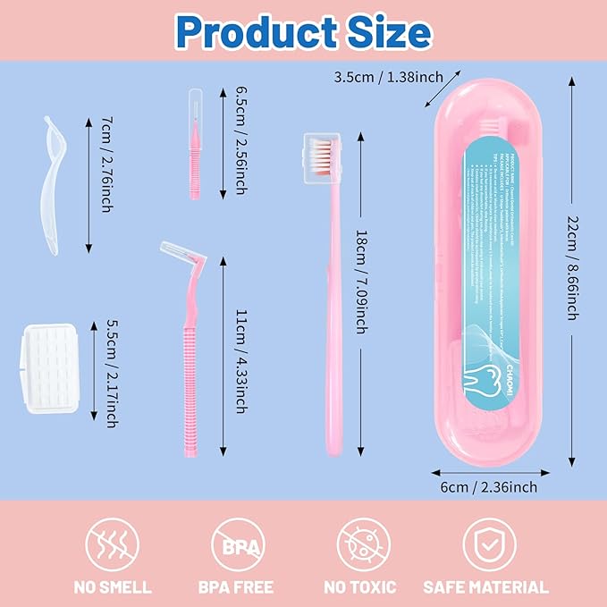 Orthodontic Care Travel Kit | V-Shape Toothbrush with Soft Bristles, Interdental Brushes, Orthodontic Wax, and Breathable Case | Portable Dental Kit for Braces and Aligners（BLUE）