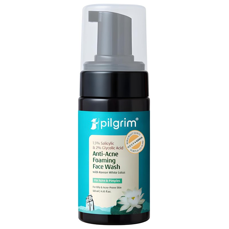 Pilgrim Anti-Acne Foaming Face Wash with 1.5% Salicylic Acid & 2% Glycolic Acid | Deep Cleansing Foam for Oily & Acne-Prone Skin | Helps Clear Pores & Control Oil | 4.05 Fl Oz (120 ml)