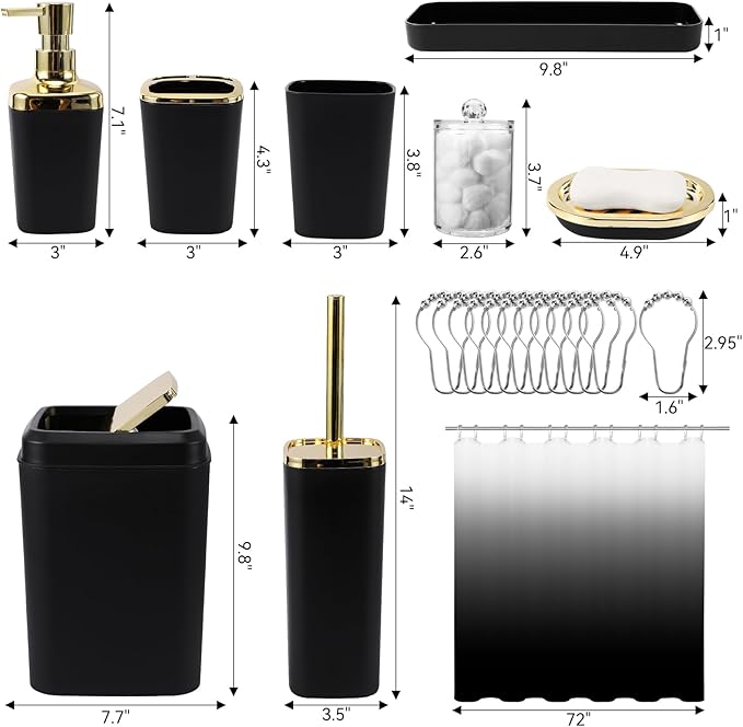 Bathroom Set - 22PC Black Bathroom Accessories Sets Complete with Black Ombre Shower Curtain,Trash Can,Toothbrush Holder,Toothbrush Cup,Soap Dispenser,Soap Dish,Toilet Brush,Tray,Qtip Holders