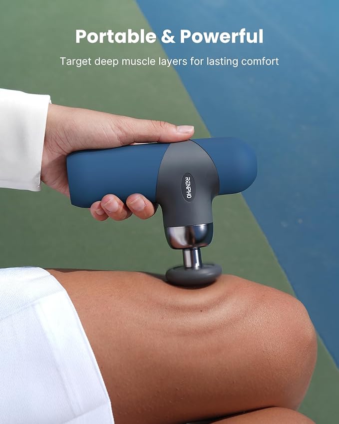 RENPHO Mini Thermal Massage Gun with Heat, Valentines Birthday Gifts for Women Men, Portable Deep Tissue Percussion Massager, Color Silicone Sleeves Travel Size with Carry Case, Aegean Blue