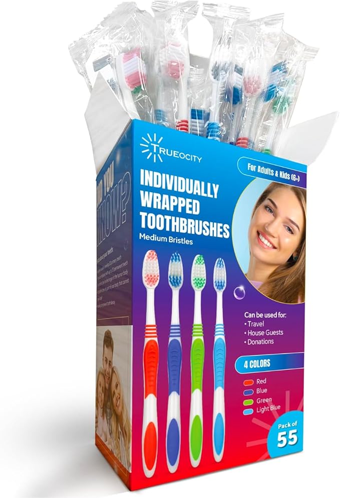 Trueocity Toothbrushes Bulk Individually Wrapped – 55 Pack Medium Bristle, Multi-Colored Toothbrushes for Adults and Kids, Travel & Hospitality Multi-Pack