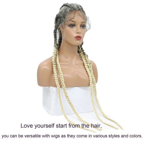 karissa Hair Blonde Braided Wig Straight French Braid Wigs for White Women Long Blond Microbraids Wigs Grey Lace Front Synthetic Glueless Braided Ombre Blonde Lace Front Wig Drag Cosplay 32Inch