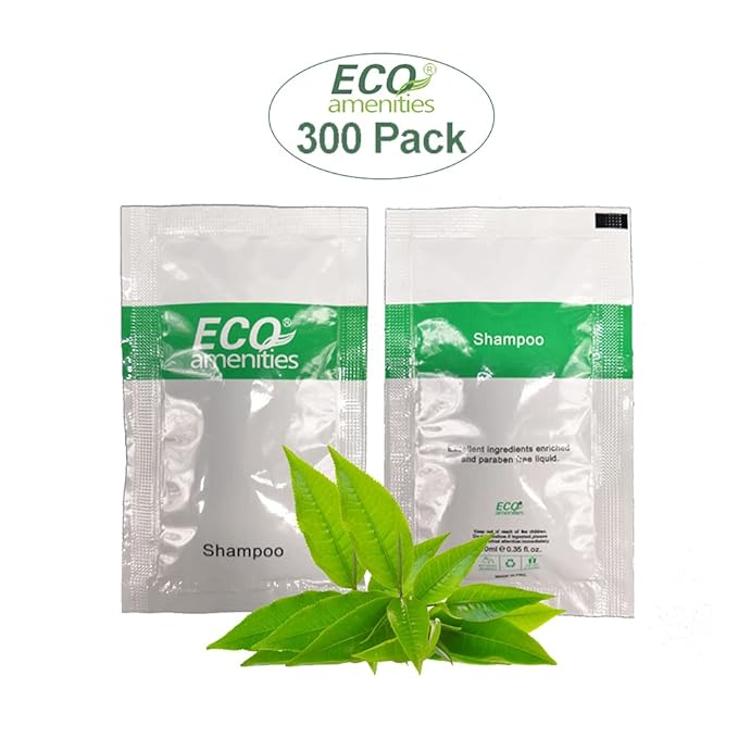 ECO Hotel Amenities - Refreshing Mini Shampoo Sachets for Guests and AirBnB Rentals - 0.35 fl oz (10ml) per Green Tea Scented Pouch, 300 Pack