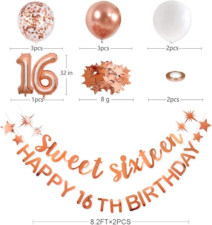 Rose Gold Sweet Sixteen Happy 16th Birthday Banner Garland Foil Balloon 16 for Sweet 16 Decorations 16th Birthday Dercorations for Girls Cheers to 16 Years 16 and Fabulous Party Backdrop Supplies
