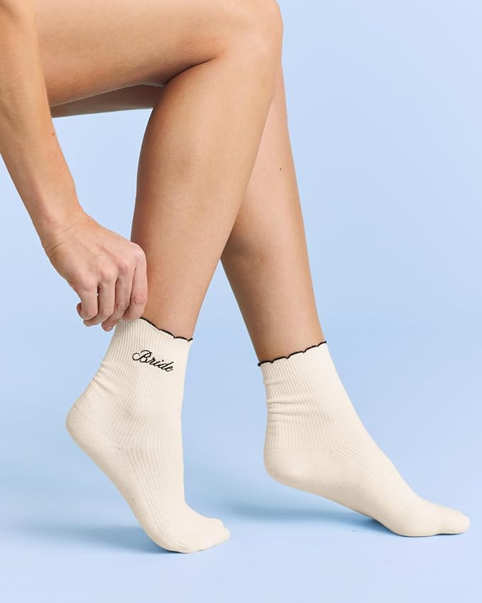 xo, Fetti Bride Ruffle Socks | Bachelorette Party, Bridal Shower Gift, Bride to Be, Wedding, Engagement, White Socks, Black Embroidery, Girly