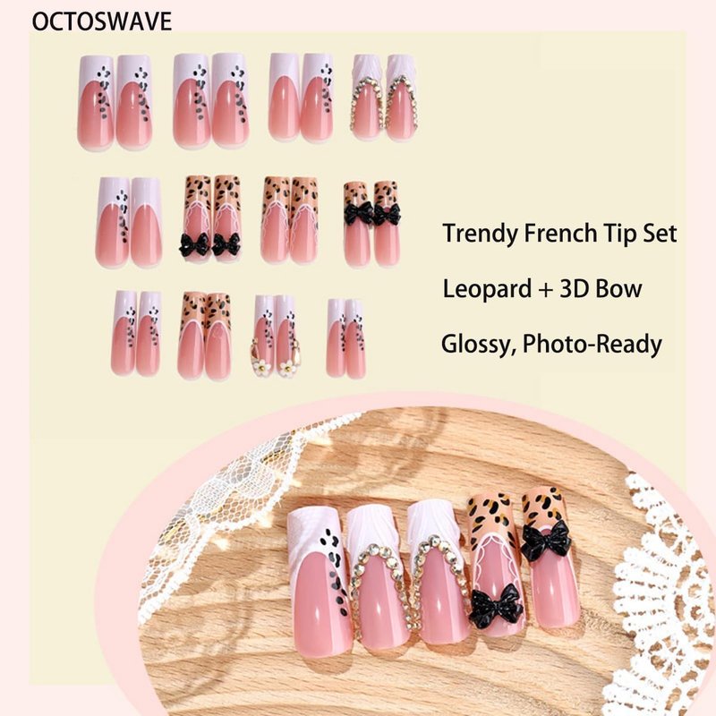 OCTOSWAVE Long Square Press on Nails - Leopard & 3D Black Bow French Tip Nude Pink Acrylic Glue on Nails, 24 Pcs Y2K Trendy Fake Nails for Women