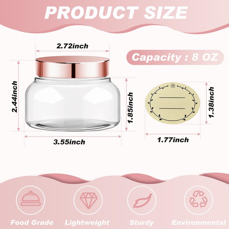 Tessco for you 24 Pack Plastic Jars with Lids Labels Multiuse Slime Containers Empty Body Scrub Jars Round Refillable Cosmetic Body Butter Container for Makeup (8 oz,Rose Gold)