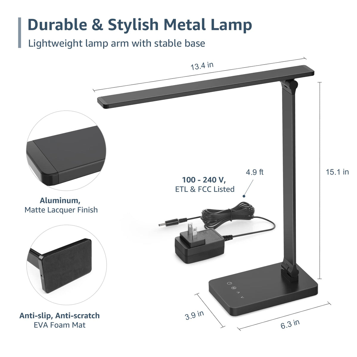 Lepro LED Desk Lamp for Home Office, 9.5W 750LM Metal Touch Control Desk Light, 5 Color Modes 5 Brightness Level, Eye Caring Task Lamp For Reading, Sewing, Crafts, School Supplies, Puzzle Light, Black
