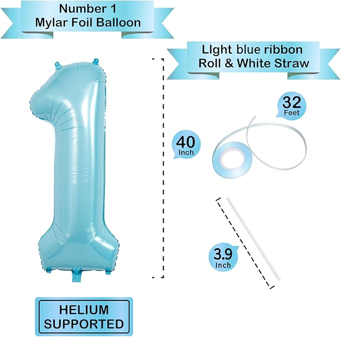 40 Inch Light Blue Number Balloons, Helium Mylar Foil for Birthdays, Number 1 Balloon for Party Decorations, Wedding, Boy Baby Shower