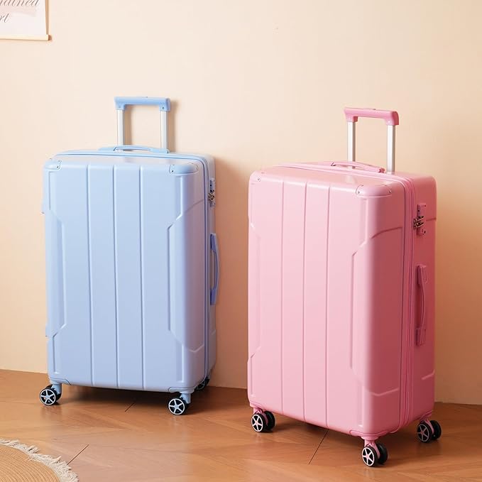 Merax 28 Inch Checked Luggage, Lightweight & Expandable Hardshell ABS Suitcase with Spinner Wheels, TSA Lock, Corner Guards (Pale Pink)