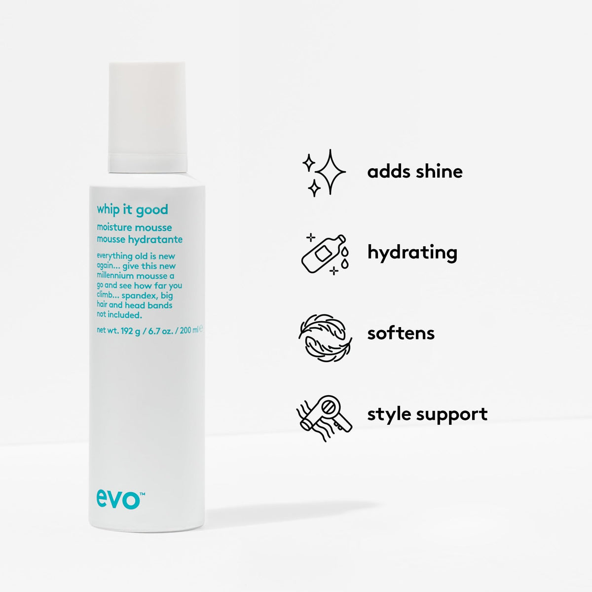EVO Whip It Good Moisture Mousse - Hair Styling Mousse - Lightweight, Light Hold, Adds Moisture, Softens, Improves Manageability & Adds Shine - 200ml / 6.7fl.oz.