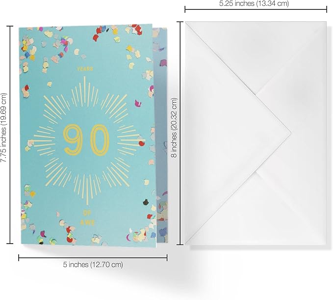 90th Birthday Card with Envelope - Baby Blue & Confetti Heartfelt Message | 5”x7.5” | (Single Card)