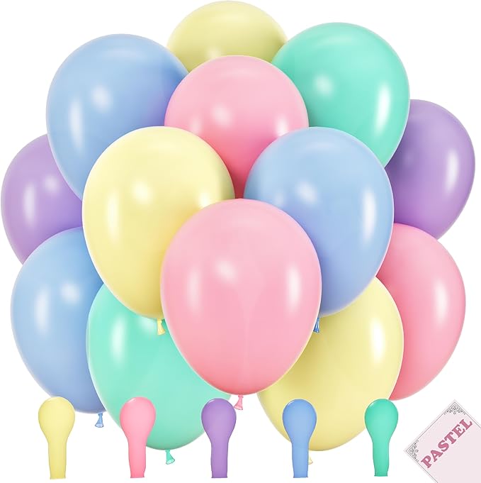 100 Pastel Balloons for Parties – 10 Inch Latex for Easter Party Decorations or Rainbow Supplies - Blue, Purple, Yellow, Green and Pink Balloons for Ice Cream, Donut, Sprinkle, Birthday