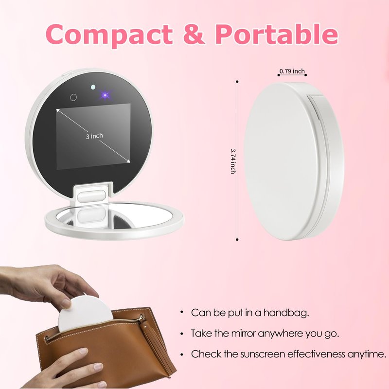 Vanexiss UV Camera for Sunscreen Test UV Mirror Sunscreen Camera, 3.8 Inch Rechargeable 2X Magnifying Vanity Mirror with Light Handheld Double-Sided Pocket Mirror for Skin Protection(White)